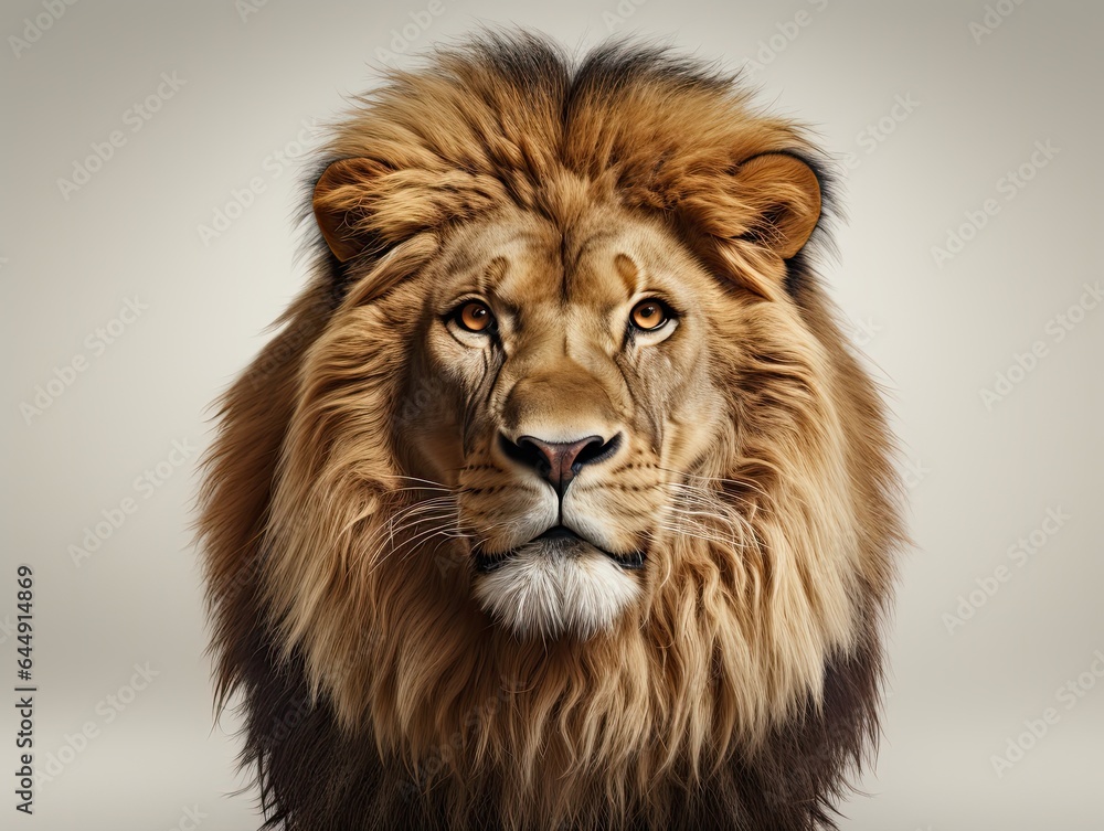 Big male lion standing on white background, front view. 