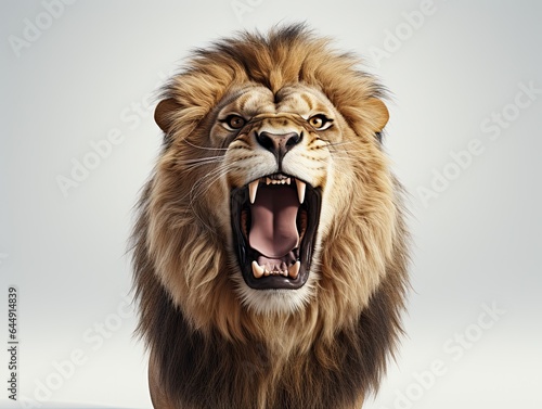 Big male lion standing on white background  front view. 