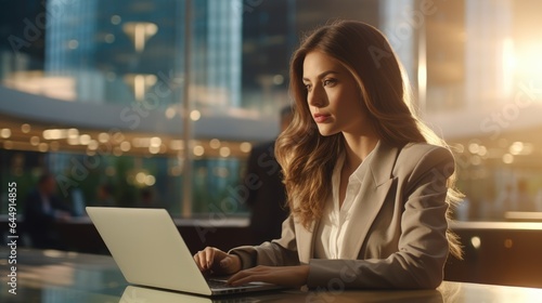 business woman working on a laptop in a professional office, Stylish Beautiful Manager working on financial and marketing projects, Generative AI