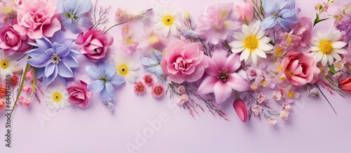 Photo of blooming spring flowers and plants isolated pastel background Copy space © HN Works