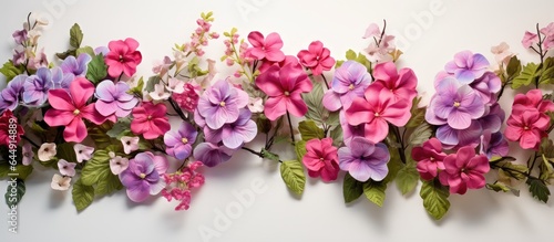 Flowering shrub with red and pink flowers and green leaves isolated on a isolated pastel background Copy space © HN Works