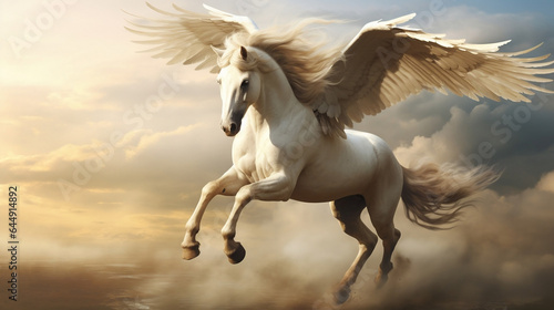Winged horse pegasus flies against the sky