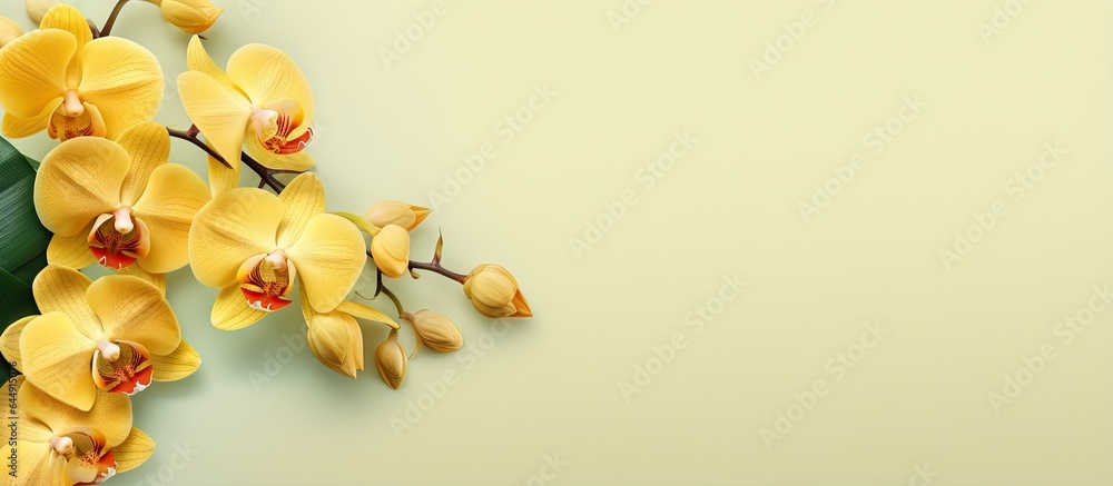 Yellow orchid isolated on a isolated pastel background Copy space with path