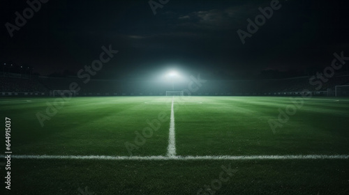 Stadium lights on empty green grass field. Football, soccer sport game copyspace background © ReneLa/Peopleimages - AI