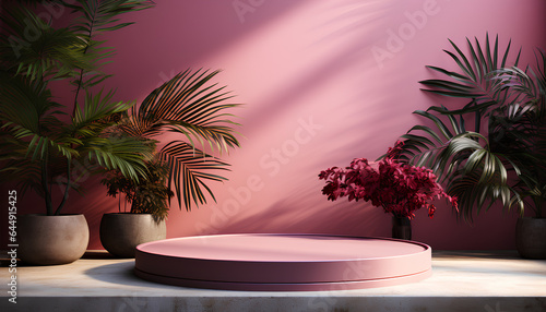 3d background product display podium scene with leaf geometric platform. background 3d render with podium. stand to show cosmetic products. Generative AI
