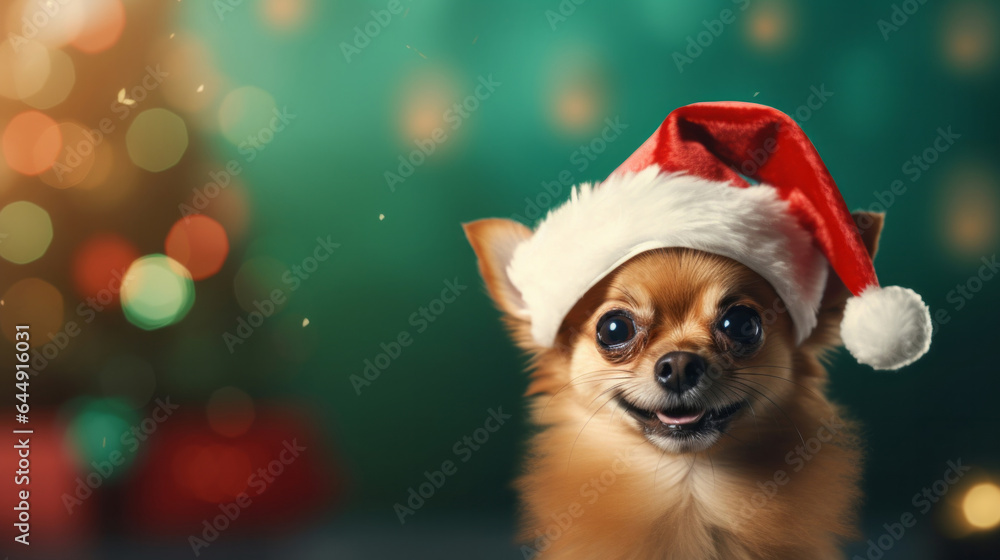 Portrait of a dog wearing christmas hat. Pet dressed for christmas celebration Portrait of a dog wearing christmas hat. Pet dressed for christmas celebration