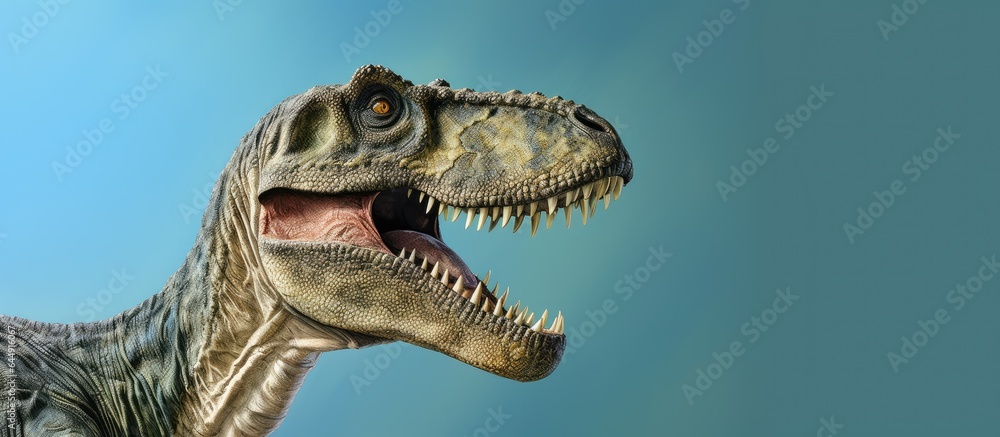 Detailed and realistic 3D image of a T Rex dinosaur isolated on a isolated pastel background Copy space Detailed and realistic 3D image of a T Rex dinosaur isolated on a isolated pastel background Copy space