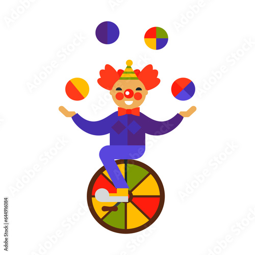 Happy clown juggling and riding unicycle flat vector icon. Circus performer dressed in bright clothes entertaining visitors isolated on white background. Profession, entertainment concept