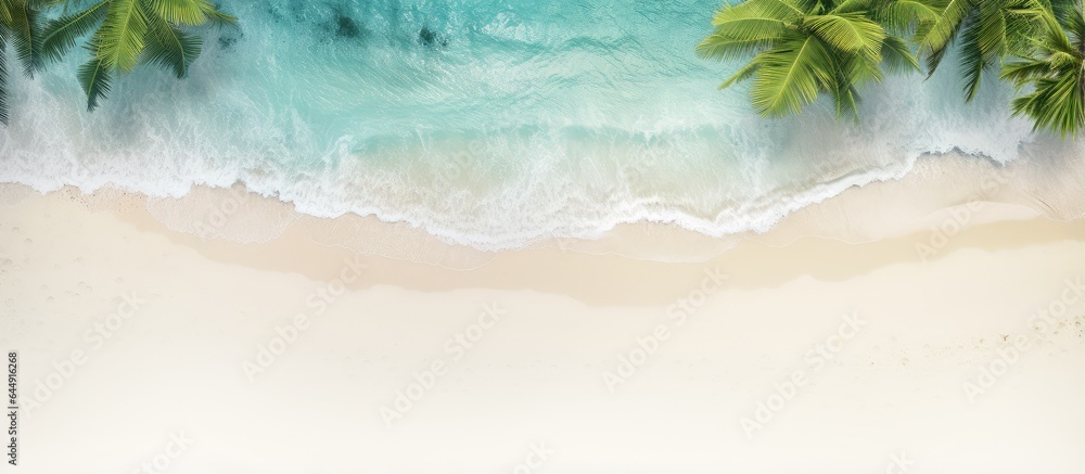 Samoas sandy beach lush with plants and palm trees is tropical isolated pastel background Copy space - obrazy, fototapety, plakaty 