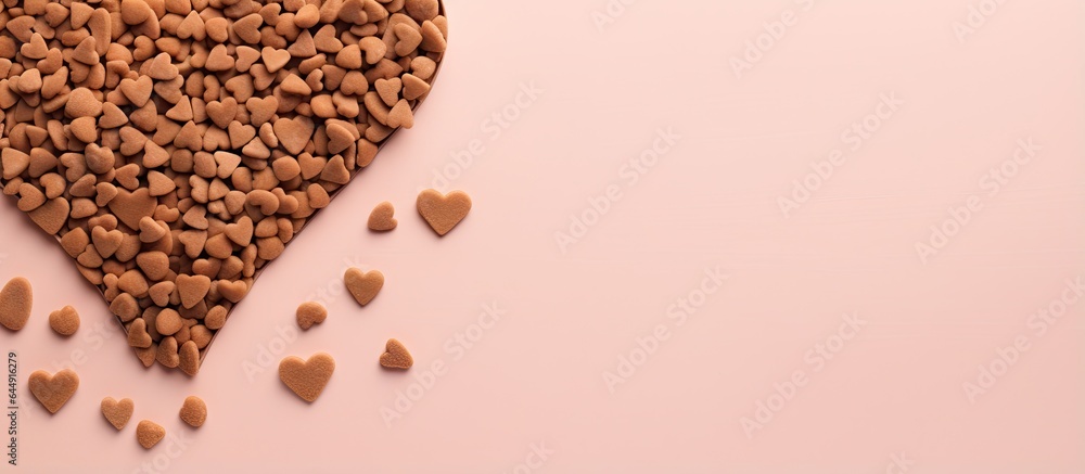 Close up of dog food in bone and heart shape on a isolated pastel background Copy space suitable for pet food background and product design - obrazy, fototapety, plakaty 