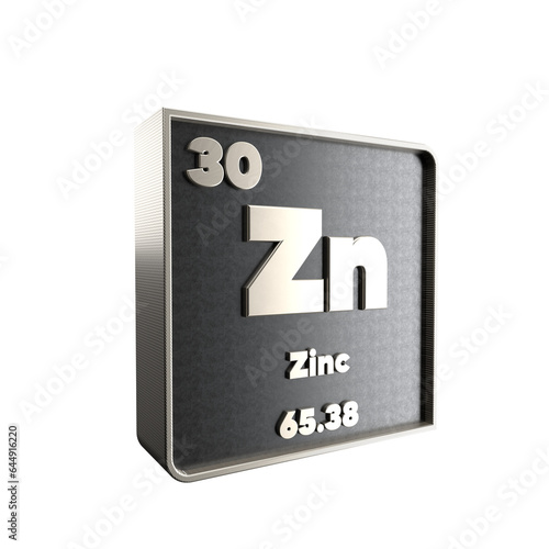 zinc chemical element black and metal icon with atomic mass and atomic number. 3d render illustration.
