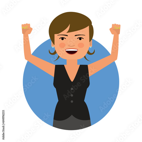 Woman with short hairstyle vector. Woman in business clothes happily raising her hands. Multicolored flat vector icon representing women activities and professions concept isolated on white background
