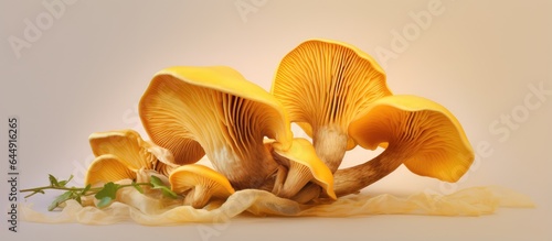 The fungus known as Cantharellus cibarius grows on isolated pastel background Copy space and is commonly called the chanterelle golden chanterelle or girolle