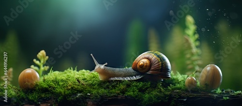 Nighttime photo of tiny snail on moss isolated pastel background Copy space