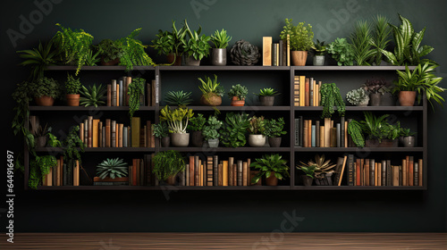 A contemporary-style bookshelf adorned with plants that serves as a modern decorative element for virtual office backdrops photo