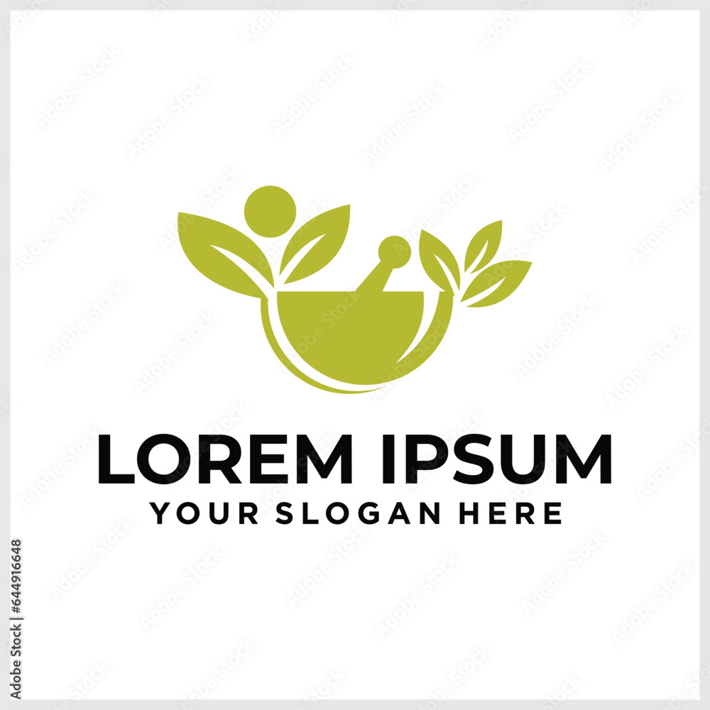 Herbal pharmacy logo design. Alternative medicine, herbal medicine vector design. Mortar and pestle with herbs, naturopathy logotype Herbal pharmacy logo design. Alternative medicine, herbal medicine vector design. Mortar and pestle with herbs, naturopathy logotype