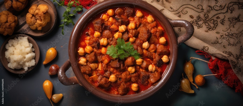 Close up photo of homemade Cocido madrileño a delicious and healthy Madrilenian stew with chickpeas and meat cooked in Madrid Spain isolated pastel background Copy space Close up photo of homemade Cocido madrileño a delicious and healthy Madrilenian stew with chickpeas and meat cooked in Madrid Spain isolated pastel background Copy space