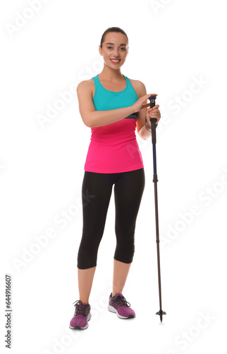 Woman with pole for Nordic walking isolated on white