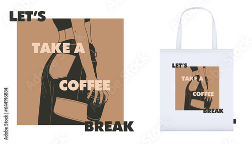 Let's take a coffee break. Beautiful slim young girl dressed in high waisted cargo pants, black top with cup of coffee in hands. Trendy outfit flat vector design on bag mockup. Logo, poster, banner.