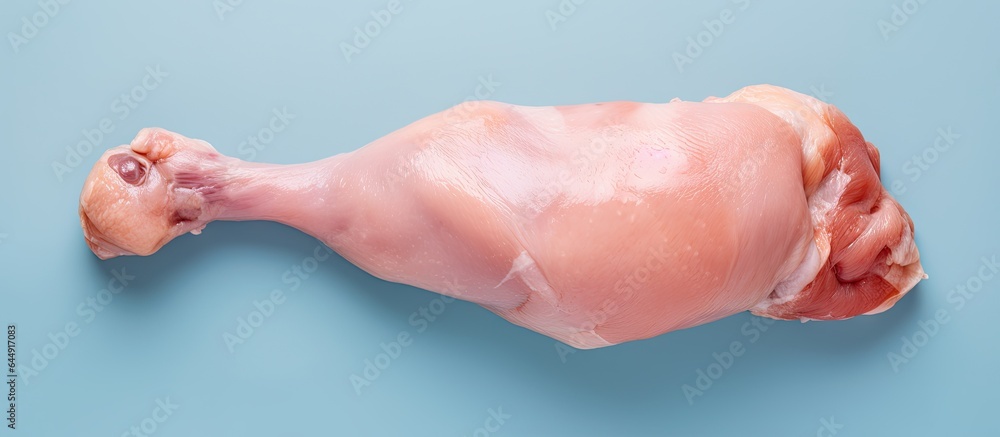 Fresh raw chicken leg with skin on isolated pastel background Copy space Fresh raw chicken leg with skin on isolated pastel background Copy space