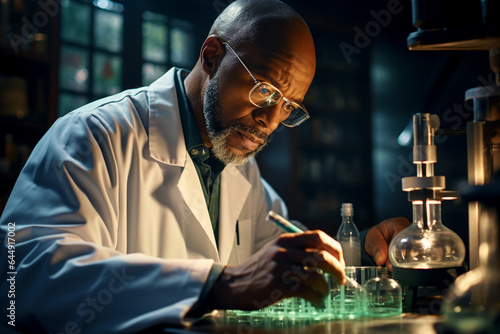 Portrait of a male biologist in glasses doing research in a modern laboratory