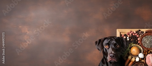 A dog deciding between dry food and pork meat on a isolated pastel background Copy space photo