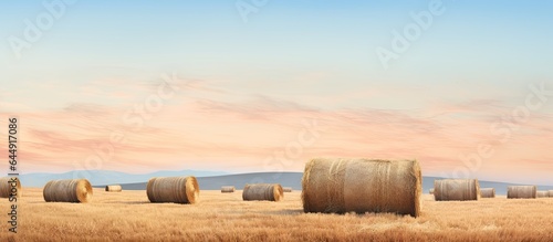 Photographie Gorgeous hay stack in the meadow isolated pastel background Copy space