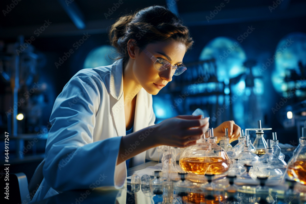 Young woman biologist conducts medical research in a modern laboratory