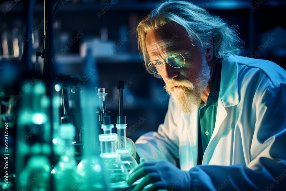 Elderly white-haired male biologist or scientist conducts medical research in a modern laboratory Elderly white-haired male biologist or scientist conducts medical research in a modern laboratory