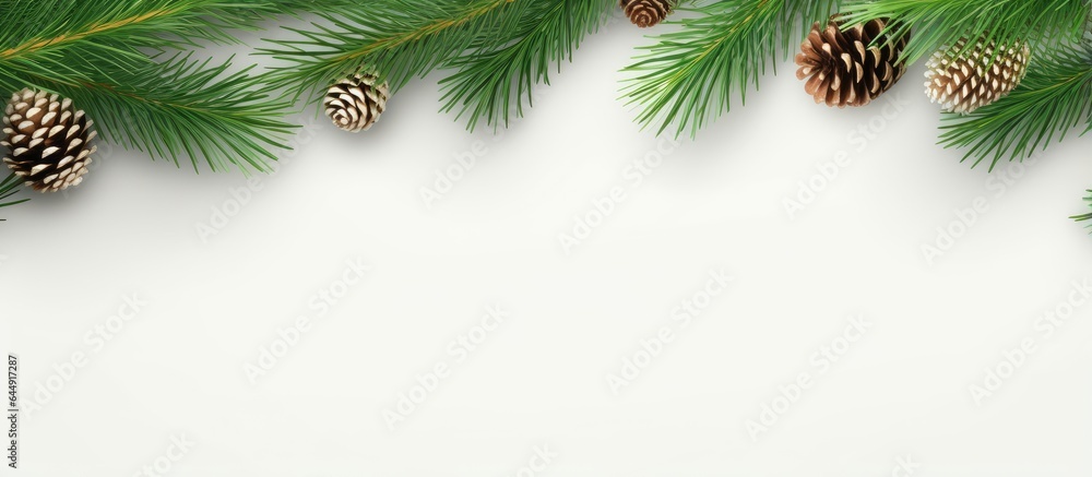Christmas border made of fir tree branch on a isolated pastel background Copy space perfect for a New Years card or banner Christmas border made of fir tree branch on a isolated pastel background Copy space perfect for a New Years card or banner