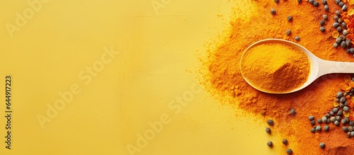 Wooden spoon on pile of yellow curry powder on a isolated pastel background Copy space
