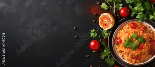 Italian cuisines tomato risotto isolated pastel background Copy space © HN Works