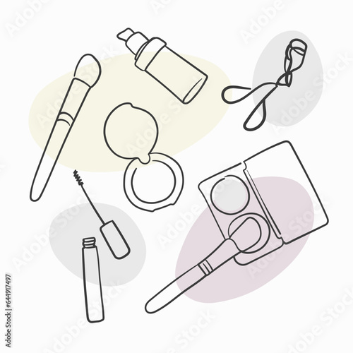 Mascara cosmetics collection outline. Eyeliner makeup continuous one line drawing. Decorative eyebrow cosmetics on white background. Wrapping paper cosmetics background