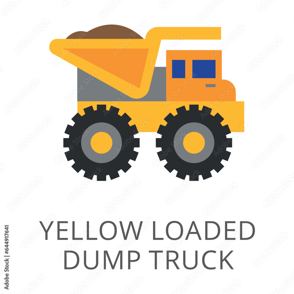 Side view of yellow loaded dump truck flat vector icon. Cartoon drawing or illustration of heavy machinery or equipment for construction work on white background. Industry, technology concept