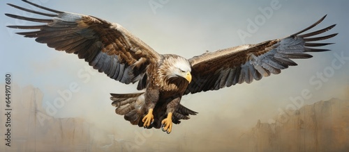 Black chested buzzard eagle Geranoaetus melanoleucus against a isolated pastel background Copy space photo