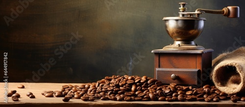 Close up of coffee grinder and beans on isolated pastel background Copy space