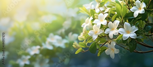 Jasmine blooming in the morning garden a symbol of Mothers Day in Thailand isolated pastel background Copy space
