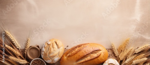 Healthy wheat bread with crust and grains on isolated pastel background Copy space