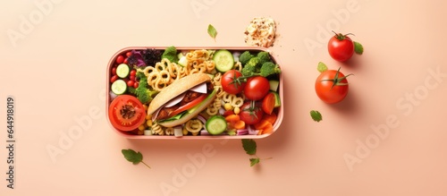 Healthy school lunch in a black lunch box isolated pastel background Copy space
