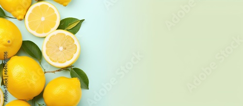 Top view of fresh yellow lemon fruits on a isolated pastel background Copy space with copy space