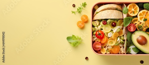 Healthy school lunch in a black lunch box isolated pastel background Copy space