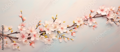Blooming branch with pink and white flowers Vintage isolated pastel background Copy space © HN Works