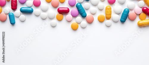 Closeup of multicolored pills ampules and capsules isolated on a isolated pastel background Copy space in a pharmacy theme