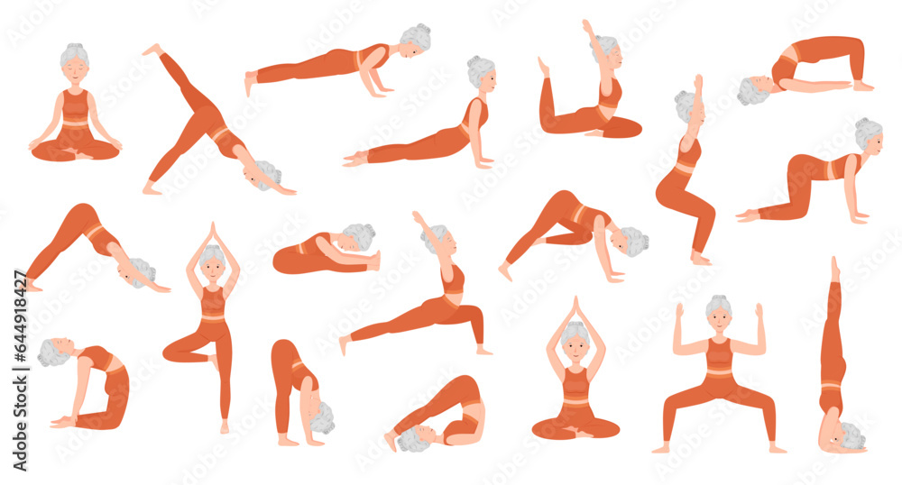 Set of poses elderly woman yoga. Yoga asana. Full body yoga workout. Healthy lifestyle. Flat cartoon character. Vector illustration