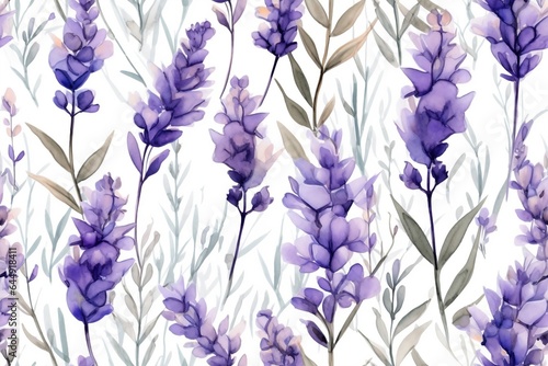 Lavender flowers seamless pattern. Watercolor natural illustration of Provence herbs on the white background. AI