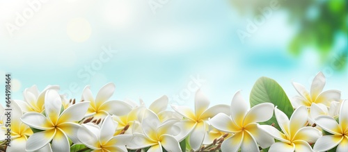 Blur style banner or card background with colorful spring flowers including Frangipani and Plumeria isolated pastel background Copy space © HN Works