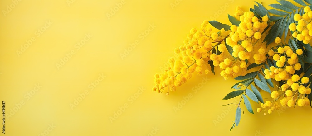 Springtime macro of a mimosa flower with a yellow hue isolated pastel background Copy space - obrazy, fototapety, plakaty 
