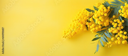 Springtime macro of a mimosa flower with a yellow hue isolated pastel background Copy space © HN Works