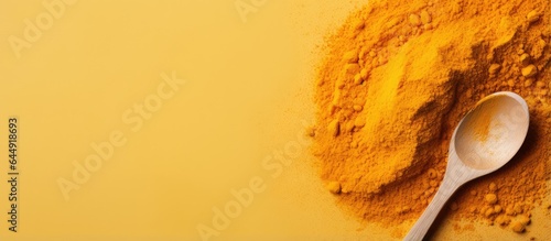 Isolated wooden spoon piles of turmeric powder isolated pastel background Copy space