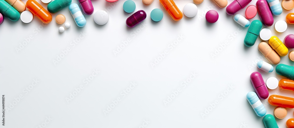 Closeup of multicolored pills ampules and capsules isolated on a isolated pastel background Copy space in a pharmacy theme Closeup of multicolored pills ampules and capsules isolated on a isolated pastel background Copy space in a pharmacy theme
